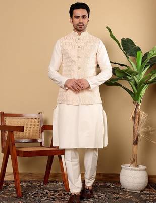 Orange viscose embroidered kurta pajama and nehru jacket for mens 1
