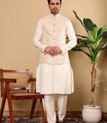 Orange viscose embroidered kurta pajama and nehru jacket for mens