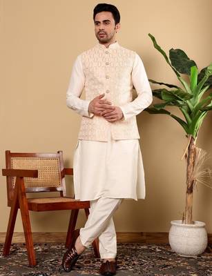 Orange viscose embroidered kurta pajama and nehru jacket for mens 2