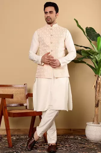 Orange viscose embroidered kurta pajama and nehru jacket for mens