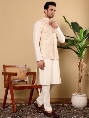 Orange viscose embroidered kurta pajama and nehru jacket for mens 3