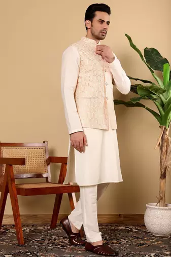 Orange viscose embroidered kurta pajama and nehru jacket for mens