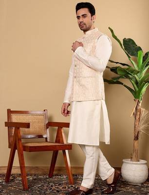 Orange viscose embroidered kurta pajama and nehru jacket for mens 4