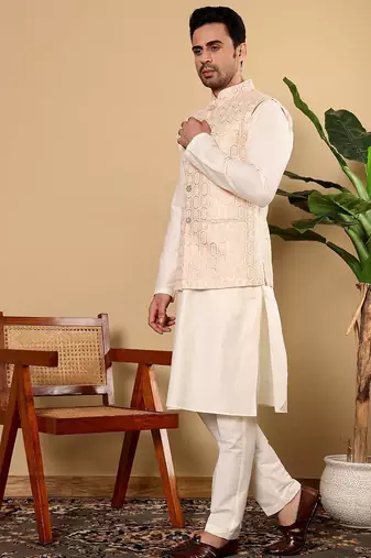 Orange viscose embroidered kurta pajama and nehru jacket for mens