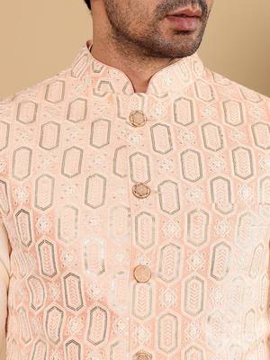 Orange viscose embroidered kurta pajama and nehru jacket for mens 5