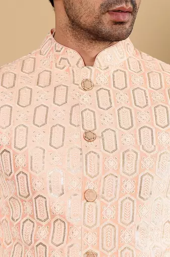 Orange viscose embroidered kurta pajama and nehru jacket for mens