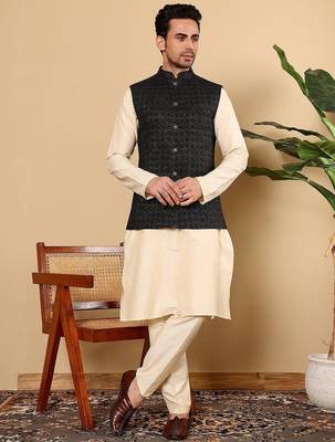 Black viscose embroidered kurta pajama and nehru jacket for mens 1