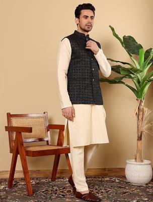 Black viscose embroidered kurta pajama and nehru jacket for mens 2