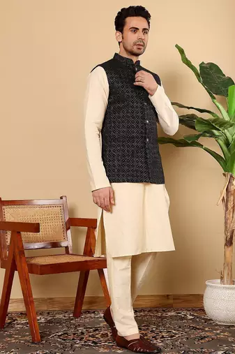 Black viscose embroidered kurta pajama and nehru jacket for mens