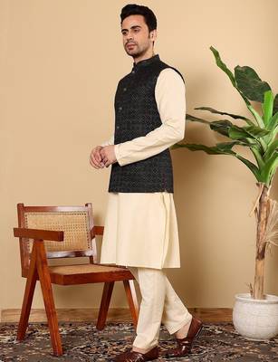 Black viscose embroidered kurta pajama and nehru jacket for mens 3