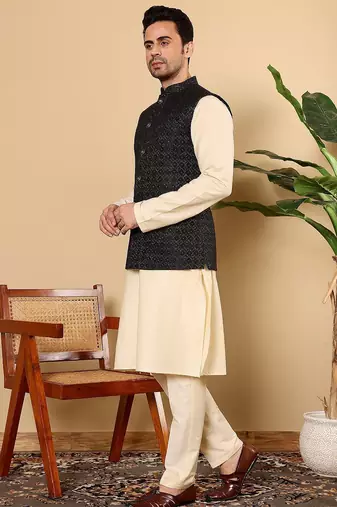 Black viscose embroidered kurta pajama and nehru jacket for mens