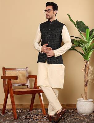 Black viscose embroidered kurta pajama and nehru jacket for mens 4