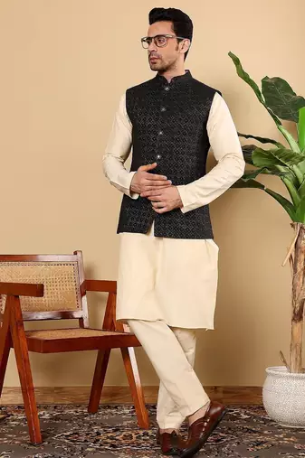 Black viscose embroidered kurta pajama and nehru jacket for mens