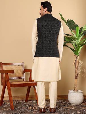 Black viscose embroidered kurta pajama and nehru jacket for mens 5