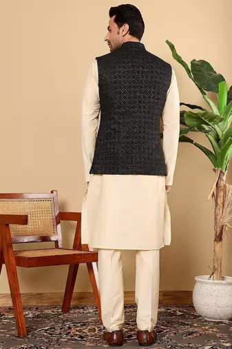 Black viscose embroidered kurta pajama and nehru jacket for mens