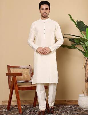 Beige viscose embroidered kurta pajama for mens 1