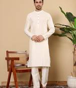 Beige viscose embroidered kurta pajama for mens