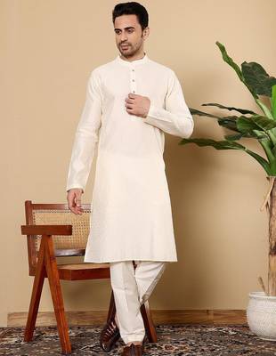 Beige viscose embroidered kurta pajama for mens 2