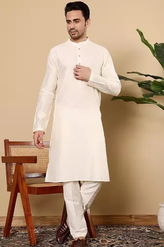 Beige viscose embroidered kurta pajama for mens