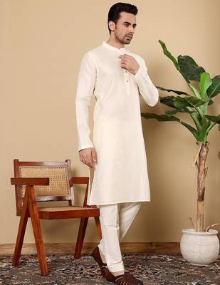 Beige viscose embroidered kurta pajama for mens 3