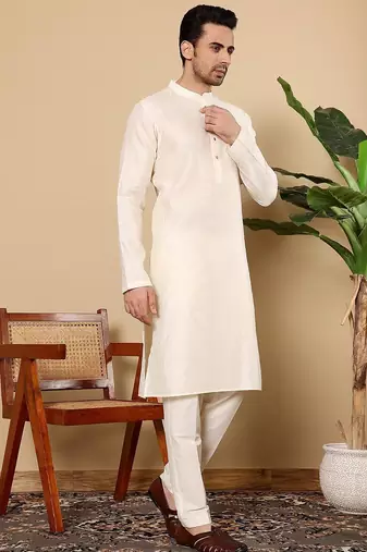 Beige viscose embroidered kurta pajama for mens
