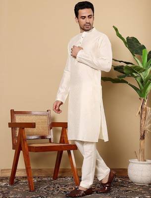 Beige viscose embroidered kurta pajama for mens 4