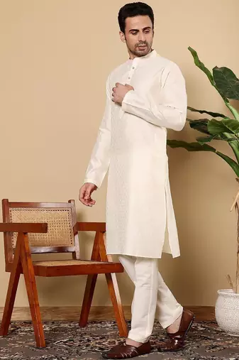 Beige viscose embroidered kurta pajama for mens