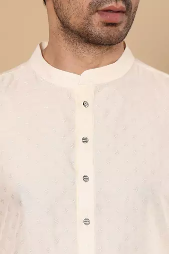 Beige viscose embroidered kurta pajama for mens