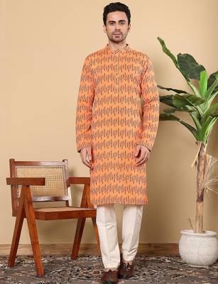 Orange cotton embroidered kurta pajama for mens 1