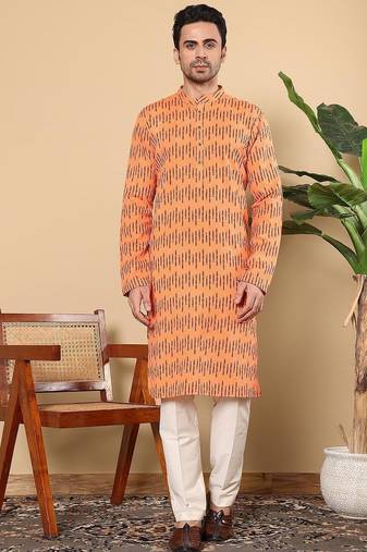 Orange cotton embroidered kurta pajama for mens
