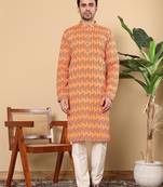 Orange cotton embroidered kurta pajama for mens