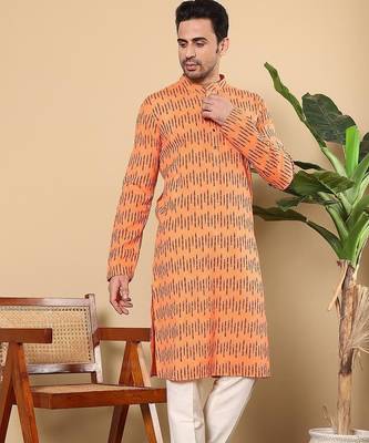 Orange cotton embroidered kurta pajama for mens 2