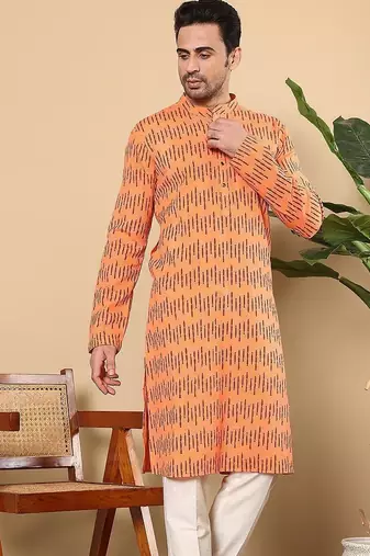 Orange cotton embroidered kurta pajama for mens