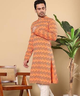 Orange cotton embroidered kurta pajama for mens 3