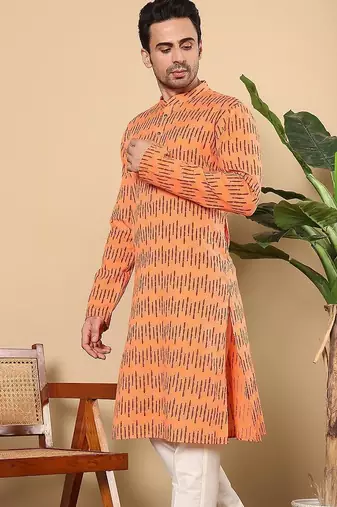 Orange cotton embroidered kurta pajama for mens