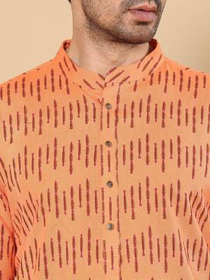 Orange cotton embroidered kurta pajama for mens 4