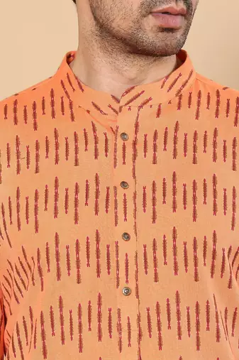 Orange cotton embroidered kurta pajama for mens
