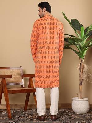 Orange cotton embroidered kurta pajama for mens 5