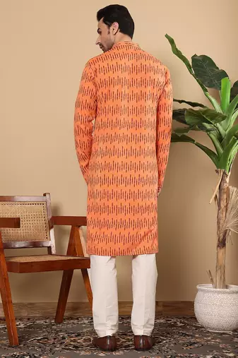 Orange cotton embroidered kurta pajama for mens