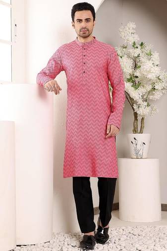 Pink cotton embroidered kurta pajama for mens