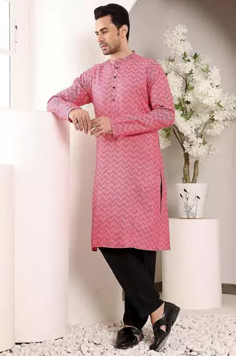Pink cotton embroidered kurta pajama for mens