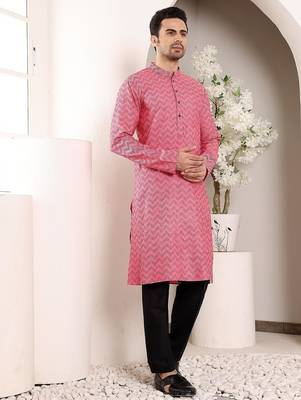 Pink cotton embroidered kurta pajama for mens 3