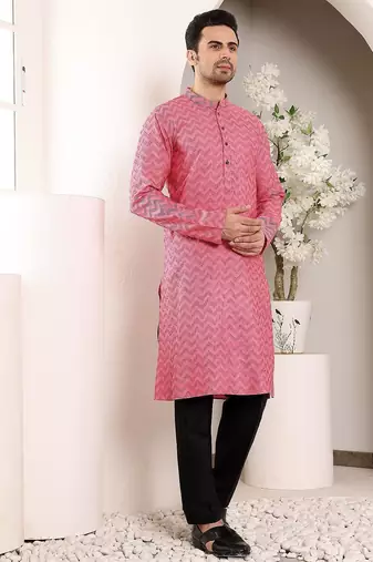 Pink cotton embroidered kurta pajama for mens