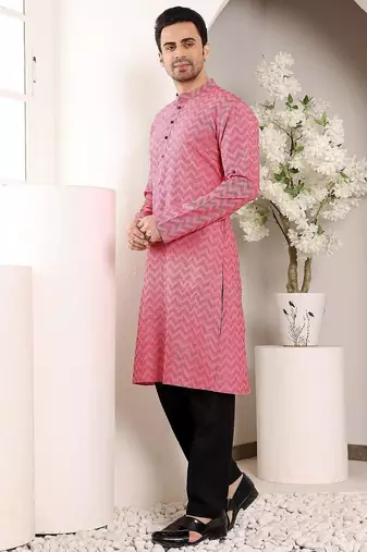 Pink cotton embroidered kurta pajama for mens