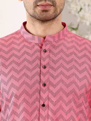Pink cotton embroidered kurta pajama for mens 5