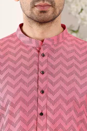 Pink cotton embroidered kurta pajama for mens