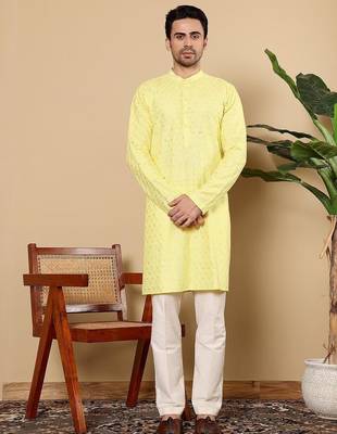 Yellow silk embroidered kurta pajama for mens 1