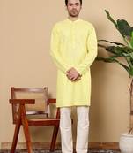 Yellow silk embroidered kurta pajama for mens