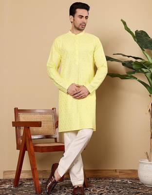 Yellow silk embroidered kurta pajama for mens 2