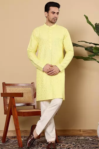 Yellow silk embroidered kurta pajama for mens